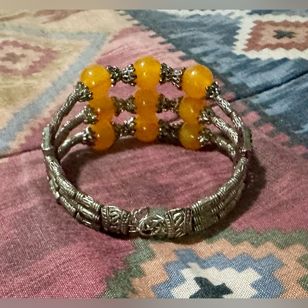 Silver and Orange Beaded Bracelet